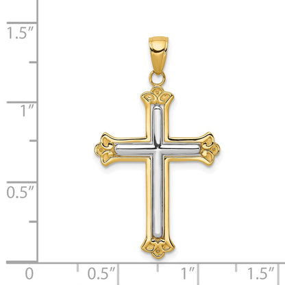 14K Gelb- & Rhodiumgold mit rhodiniertem Knospenkreuz-Rahmenanhänger in Gelb