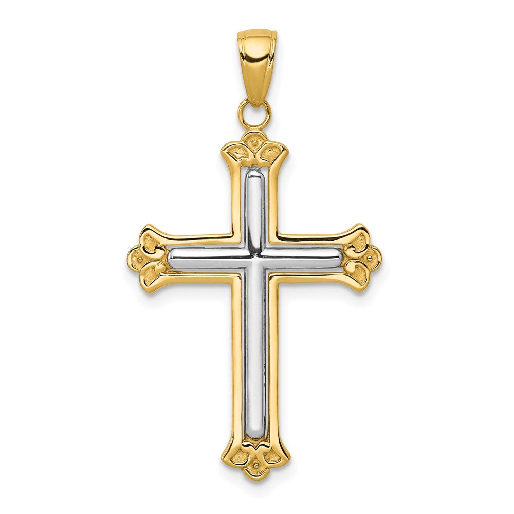 14K Gelb- & Rhodiumgold mit rhodiniertem Knospenkreuz-Rahmenanhänger in Gelb