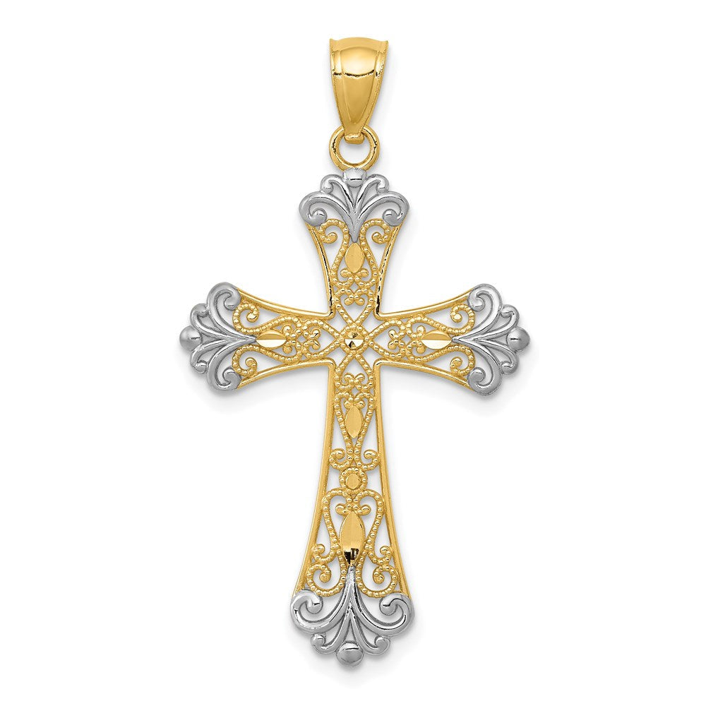 14K Gelb & Rhodium mit Rhodium Diamantiert Kreuz Anhänger