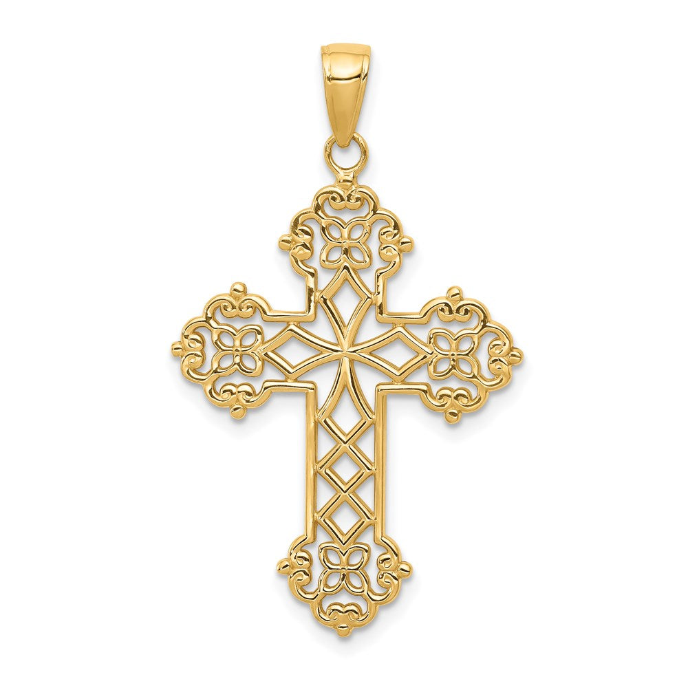 14K Gelbgold Kreuzanhänger mit filigranem Knospendesign