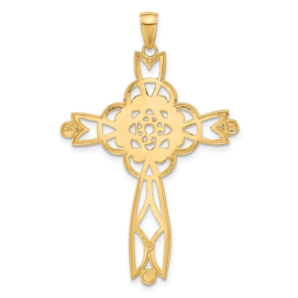 14K Gelb- und Rhodiumgold Unendlichkeits-Kreuz-Anhänger mit Rhodium und diamantgeschliffenem Perlenrand