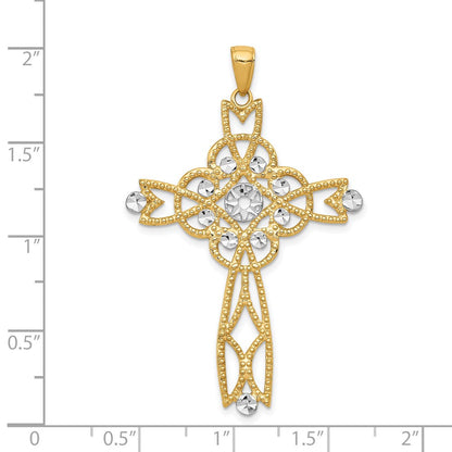 14K Gelb- und Rhodiumgold Unendlichkeits-Kreuz-Anhänger mit Rhodium und diamantgeschliffenem Perlenrand