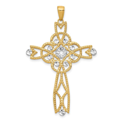 14K Gelb- und Rhodiumgold Unendlichkeits-Kreuz-Anhänger mit Rhodium und diamantgeschliffenem Perlenrand