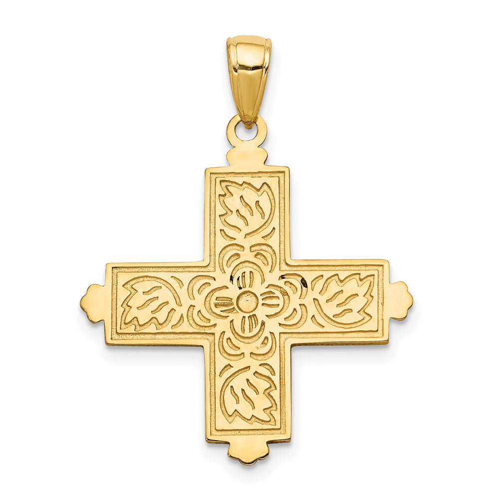14K Gelbgold Kreuz-Anhänger, quadratisch, mit geätzter Verzierung und Kronenspitzen