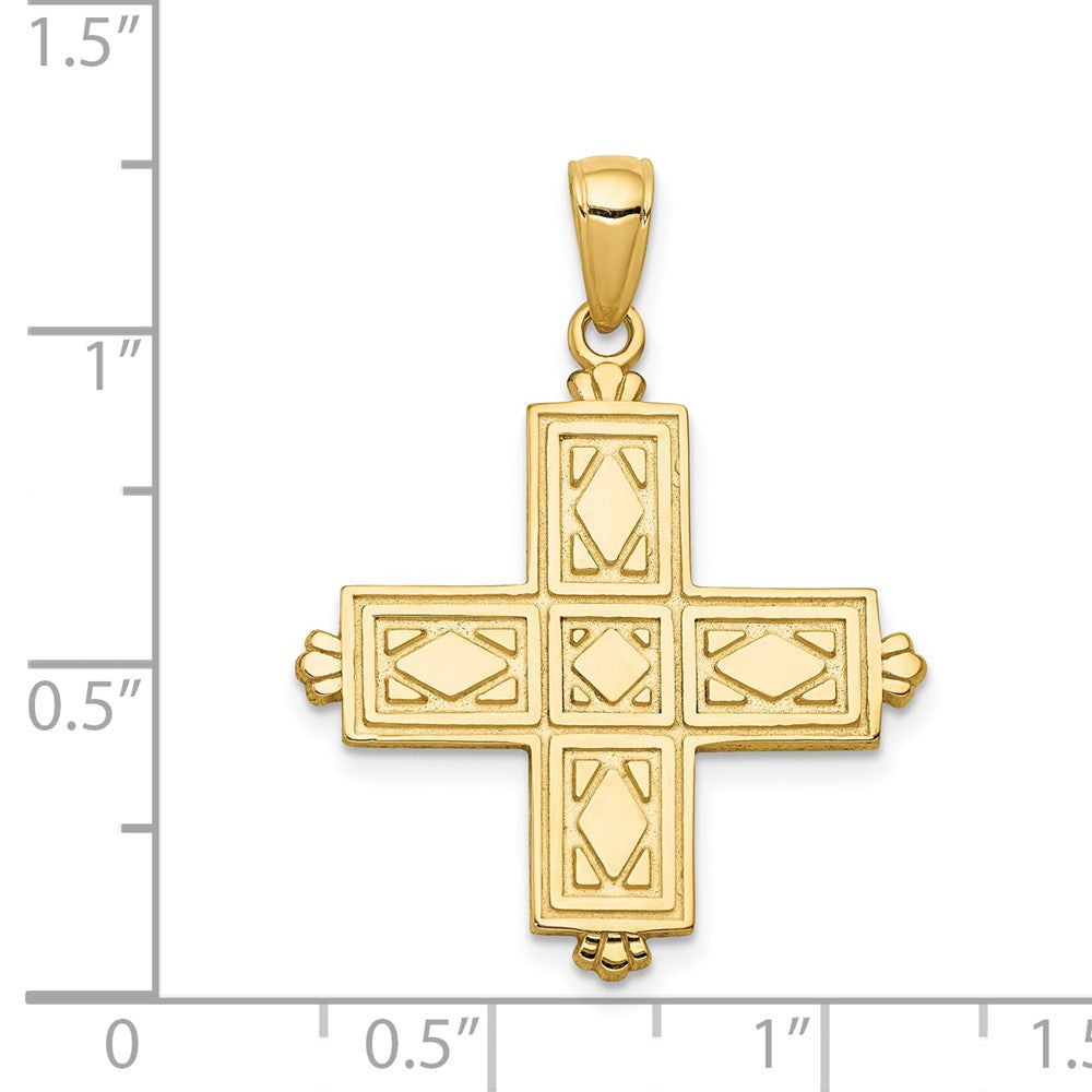 14K Gelbgold Kreuz-Anhänger, quadratisch, mit geätzter Verzierung und Kronenspitzen