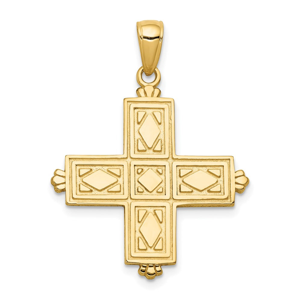 14K Gelbgold Kreuz-Anhänger, quadratisch, mit geätzter Verzierung und Kronenspitzen
