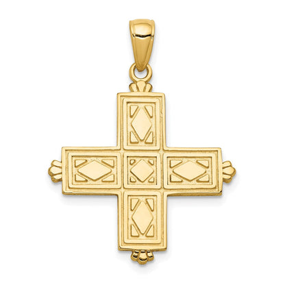 14K Gelbgold Kreuz-Anhänger, quadratisch, mit geätzter Verzierung und Kronenspitzen