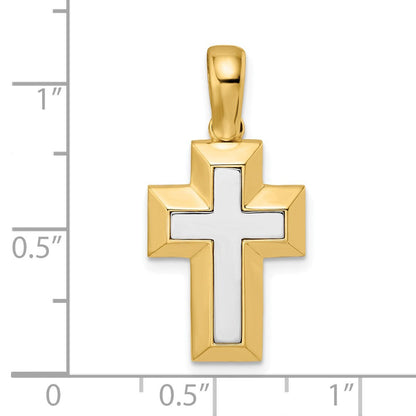 14K Bicolor Gold Kreuz-Anhänger mit offener Rückseite und gelben Kanten
