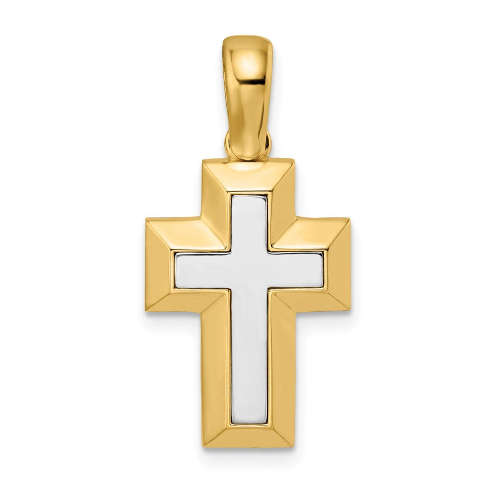 14K Bicolor Gold Kreuz-Anhänger mit offener Rückseite und gelben Kanten