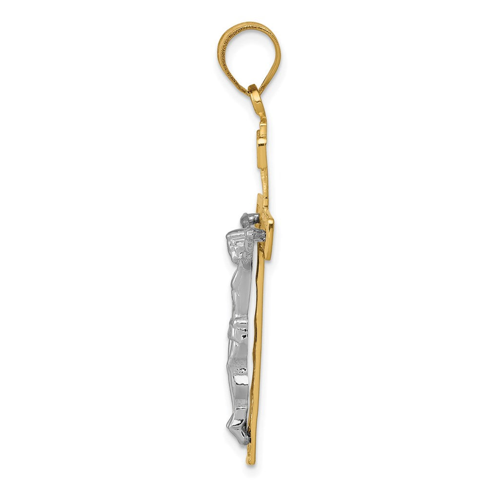 14K Bicolor Gold Diamantgeschliffener Gitter-Kreuz-Anhänger mit Kruzifix