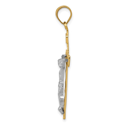 14K Bicolor Gold Diamantgeschliffener Gitter-Kreuz-Anhänger mit Kruzifix