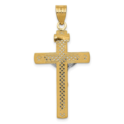 14K Bicolor Gold Diamantgeschliffener Gitter-Kreuz-Anhänger mit Kruzifix