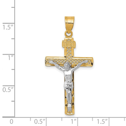14K Bicolor Gold Diamantgeschliffener Gitter-Kreuz-Anhänger mit Kruzifix