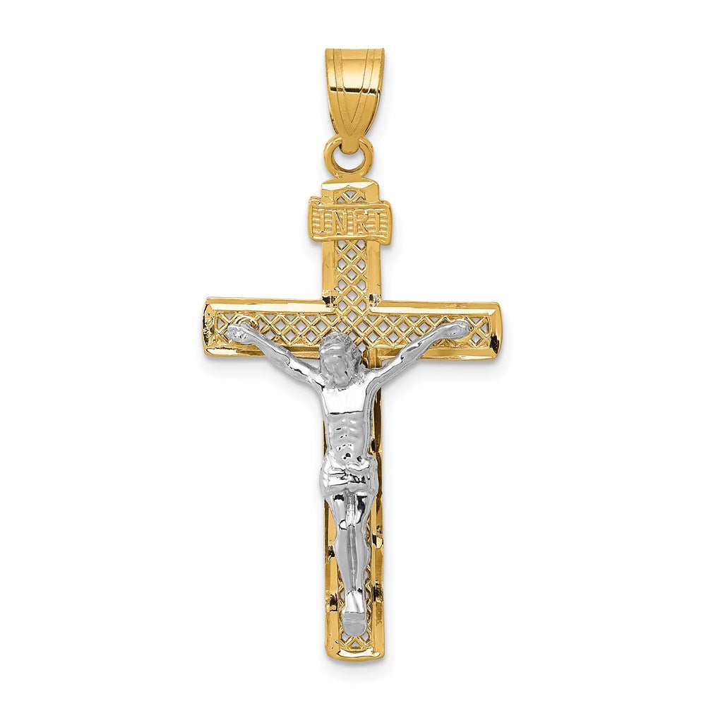 14K Bicolor Gold Diamantgeschliffener Gitter-Kreuz-Anhänger mit Kruzifix