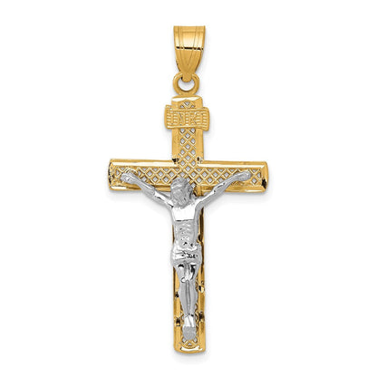 14K Bicolor Gold Diamantgeschliffener Gitter-Kreuz-Anhänger mit Kruzifix