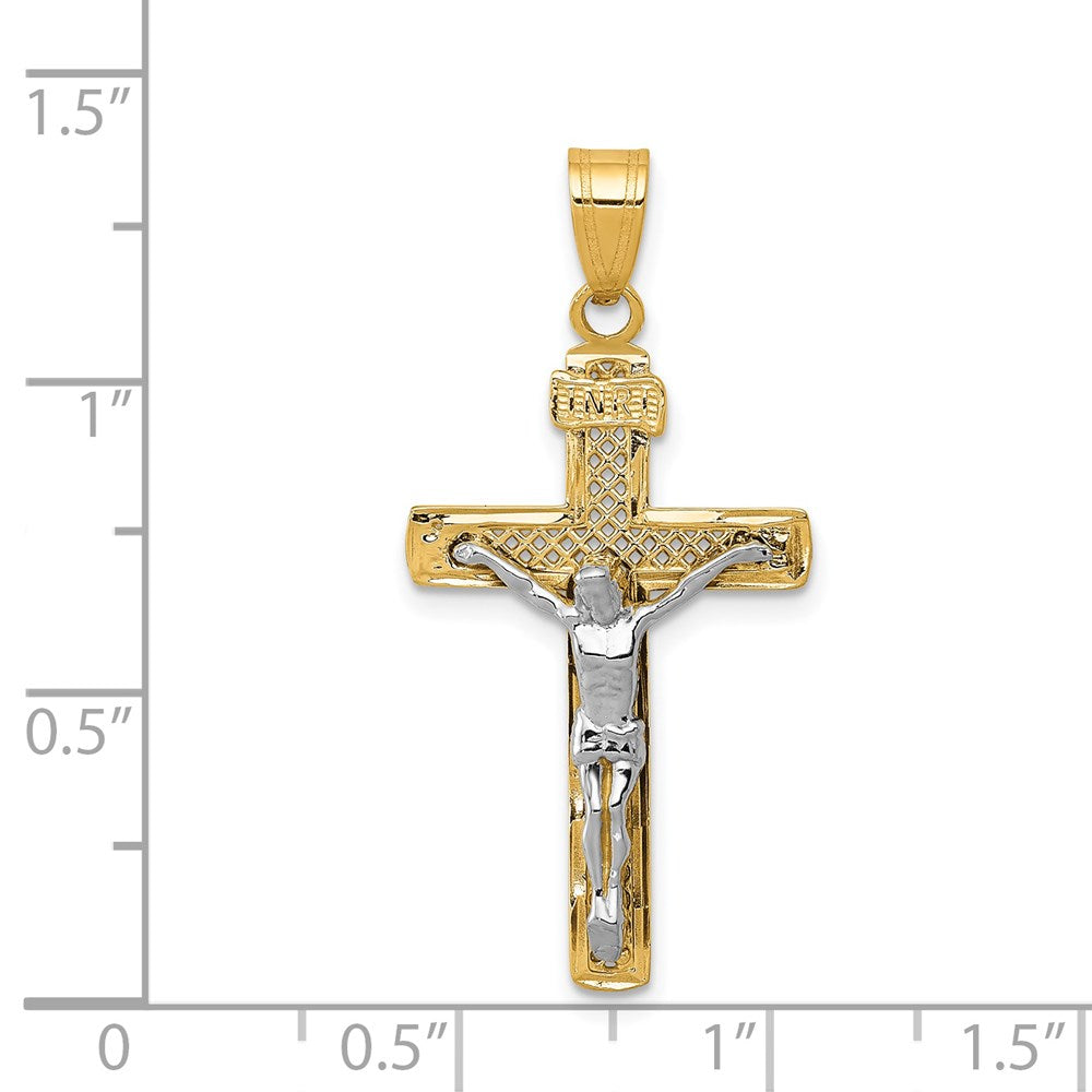14K Bicolor Diamantiert Lattice Kreuz mit Kruzifix Anhänger