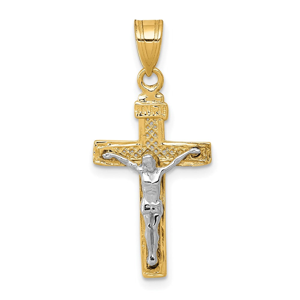 14K Bicolor Diamantiert Lattice Kreuz mit Kruzifix Anhänger
