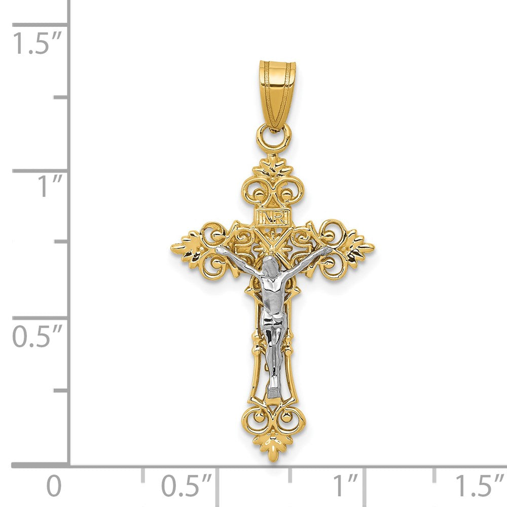 14 Karat Bicolor-Gold Mittelgroßer Kruzifix-Anhänger „INRI“ mit Spitzenrand