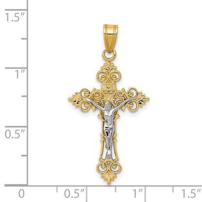 14 Karat Bicolor-Gold Mittelgroßer Kruzifix-Anhänger „INRI“ mit Spitzenrand