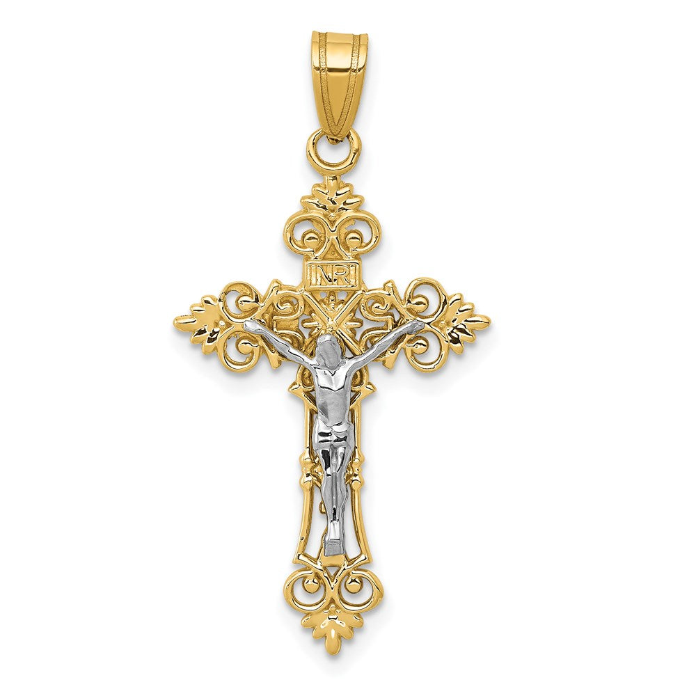 14 Karat Bicolor-Gold Mittelgroßer Kruzifix-Anhänger „INRI“ mit Spitzenrand
