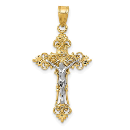 14 Karat Bicolor-Gold Mittelgroßer Kruzifix-Anhänger „INRI“ mit Spitzenrand