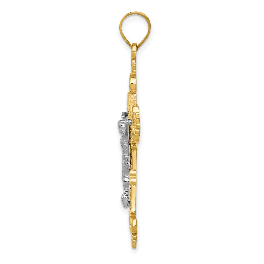 14K Bicolor-Gold Großer INRI-Kruzifix-Anhänger mit Spitzenkante