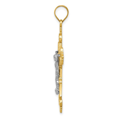14K Bicolor-Gold Großer INRI-Kruzifix-Anhänger mit Spitzenkante