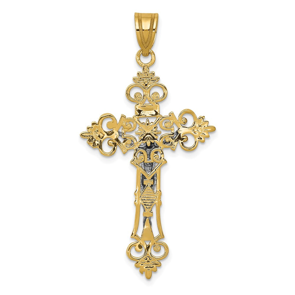 14K Bicolor-Gold Großer INRI-Kruzifix-Anhänger mit Spitzenkante