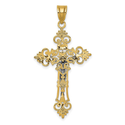 14K Bicolor-Gold Großer INRI-Kruzifix-Anhänger mit Spitzenkante