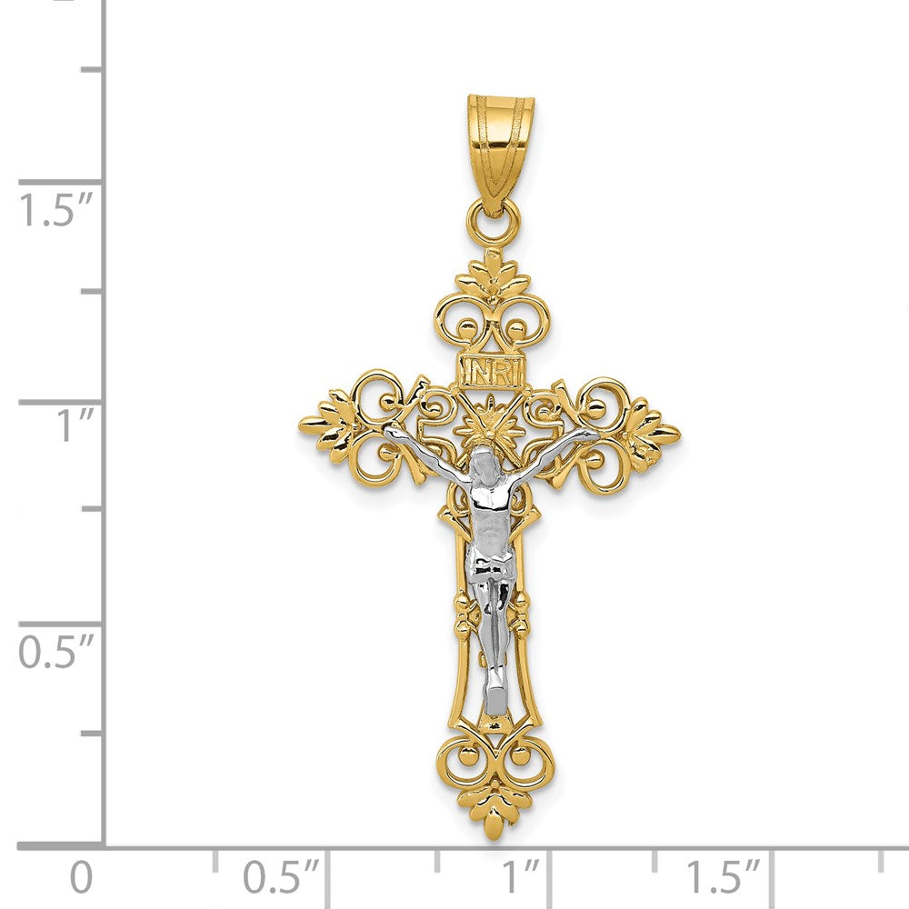 14K Bicolor-Gold Großer INRI-Kruzifix-Anhänger mit Spitzenkante