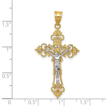 14K Bicolor-Gold Großer INRI-Kruzifix-Anhänger mit Spitzenkante