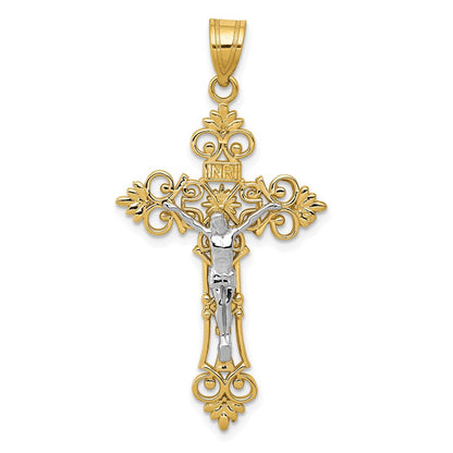 14K Bicolor-Gold Großer INRI-Kruzifix-Anhänger mit Spitzenkante
