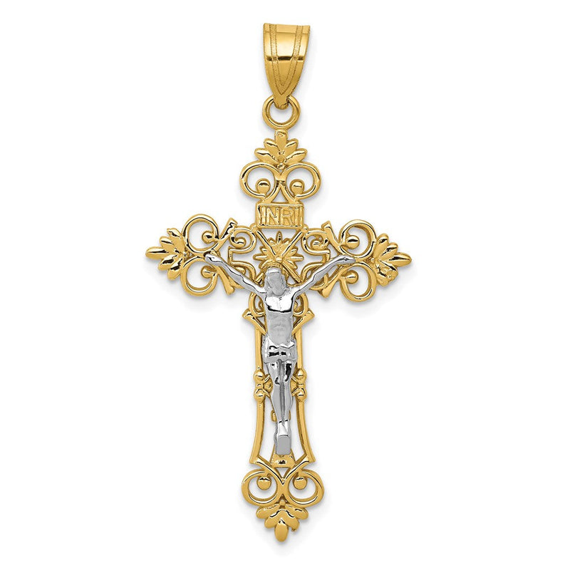 14K Bicolor-Gold Großer INRI-Kruzifix-Anhänger mit Spitzenkante