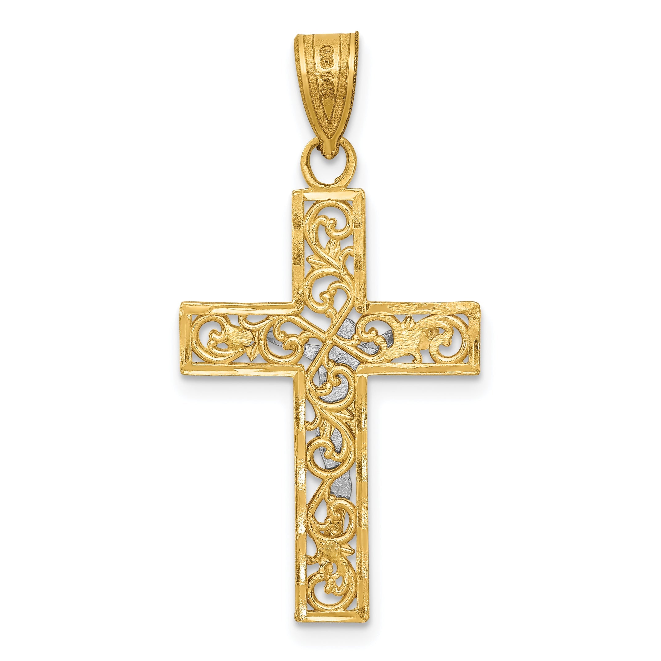 14K Bicolor Diamantiert Klein Block Filigran Kruzifix Anhänger