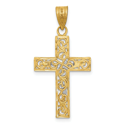 14K Bicolor Diamantiert Klein Block Filigran Kruzifix Anhänger