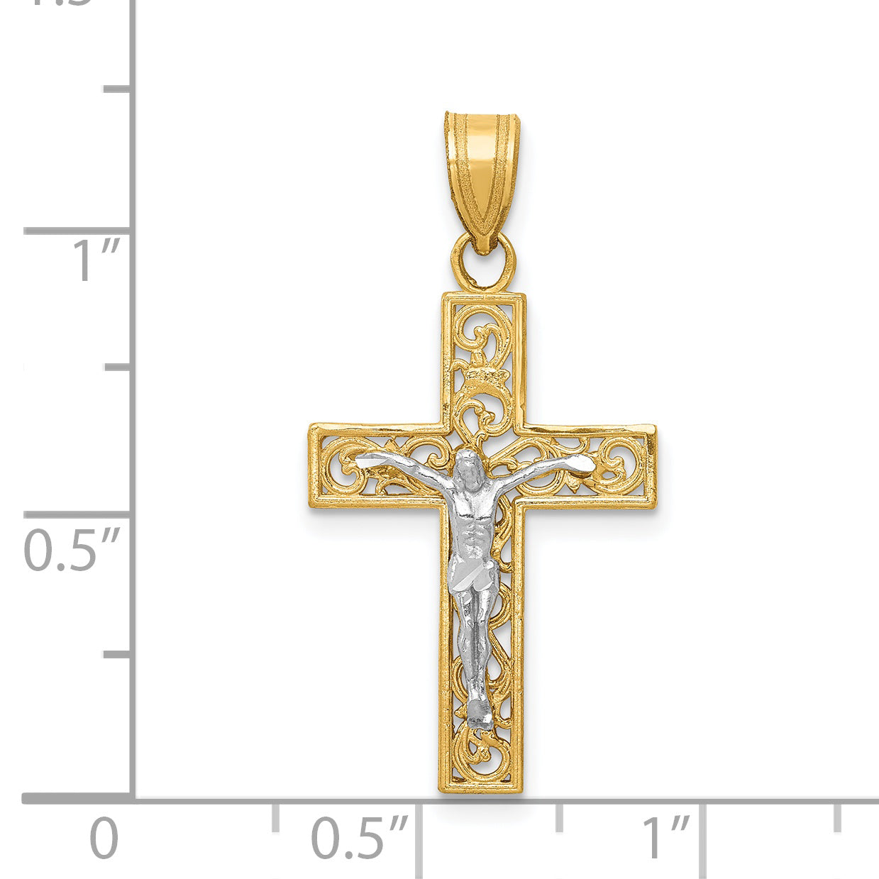 14K Bicolor Diamantiert Klein Block Filigran Kruzifix Anhänger