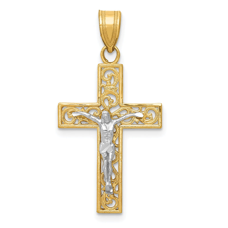 14K Bicolor Diamantiert Klein Block Filigran Kruzifix Anhänger
