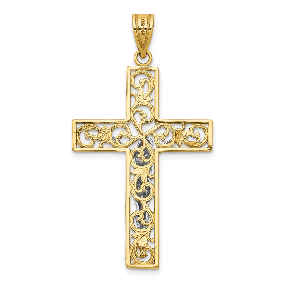 14K Bicolor Gold D/C Großes Block-Filigran-Kruzifix-Anhänger
