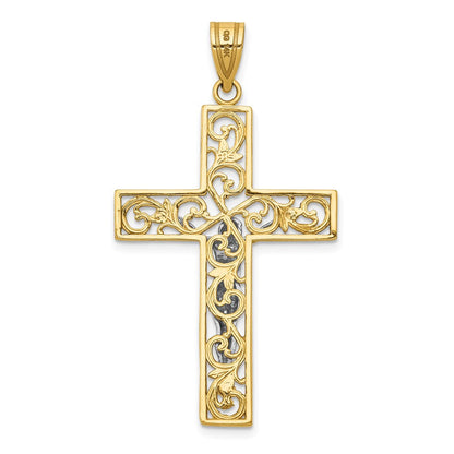 14K Bicolor Gold D/C Großes Block-Filigran-Kruzifix-Anhänger