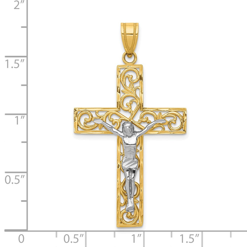 14K Bicolor Gold D/C Großes Block-Filigran-Kruzifix-Anhänger