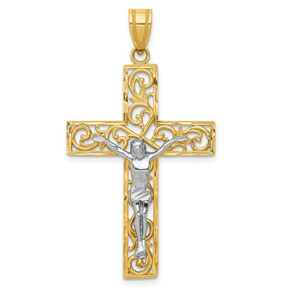 14K Bicolor Gold D/C Großes Block-Filigran-Kruzifix-Anhänger