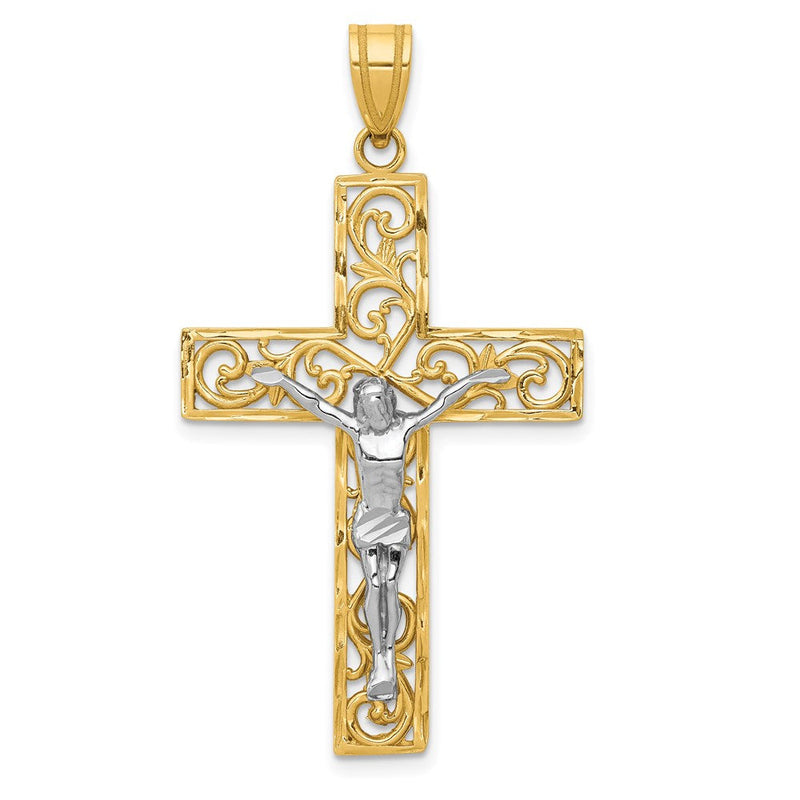 14K Bicolor Gold D/C Großes Block-Filigran-Kruzifix-Anhänger