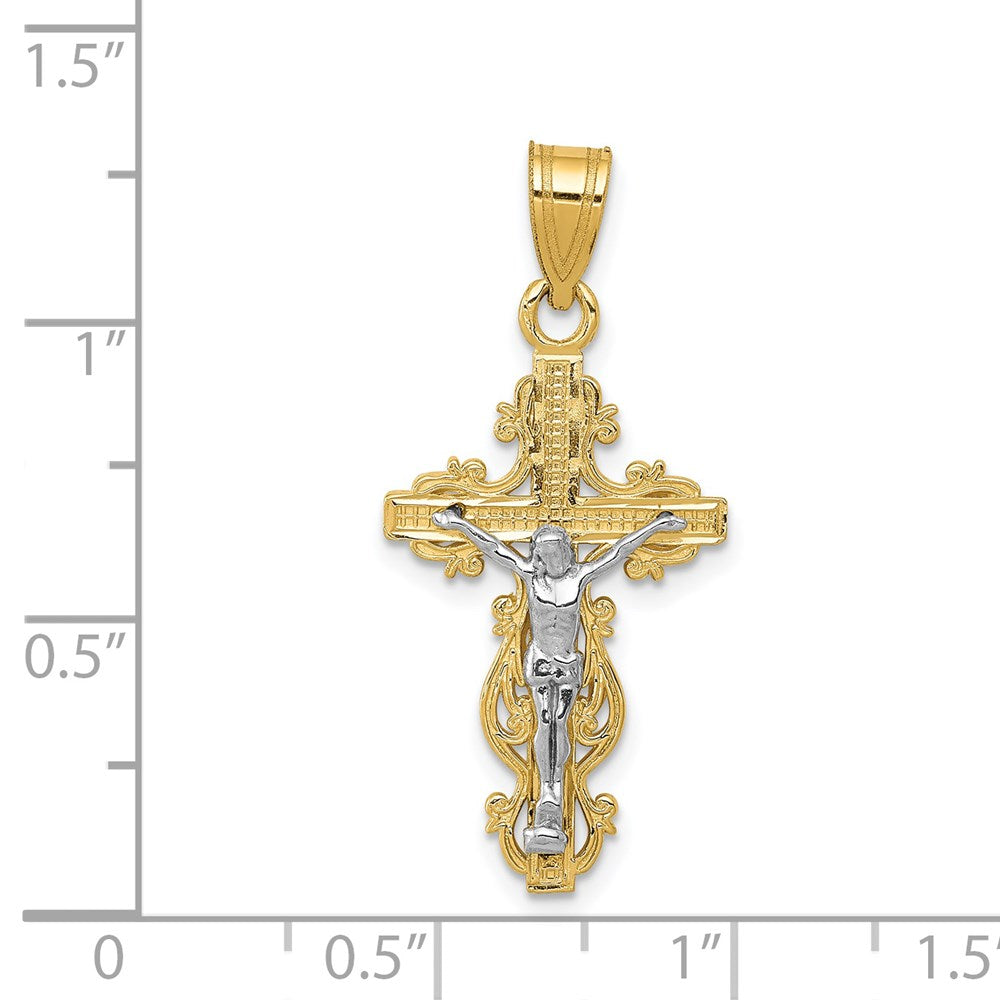 14K Bicolor Klein Schmal Kreuz mit Kruzifix Anhänger