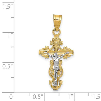 14K Bicolor Klein Schmal Kreuz mit Kruzifix Anhänger