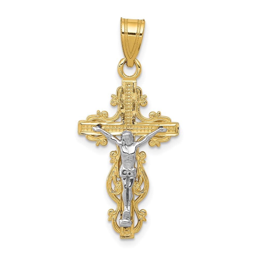 14K Bicolor Klein Schmal Kreuz mit Kruzifix Anhänger