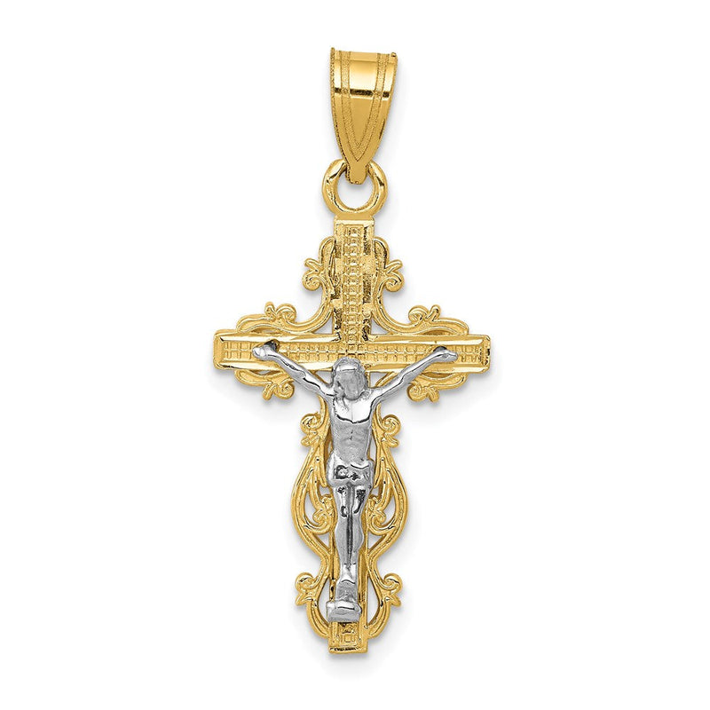 14K Bicolor Klein Schmal Kreuz mit Kruzifix Anhänger