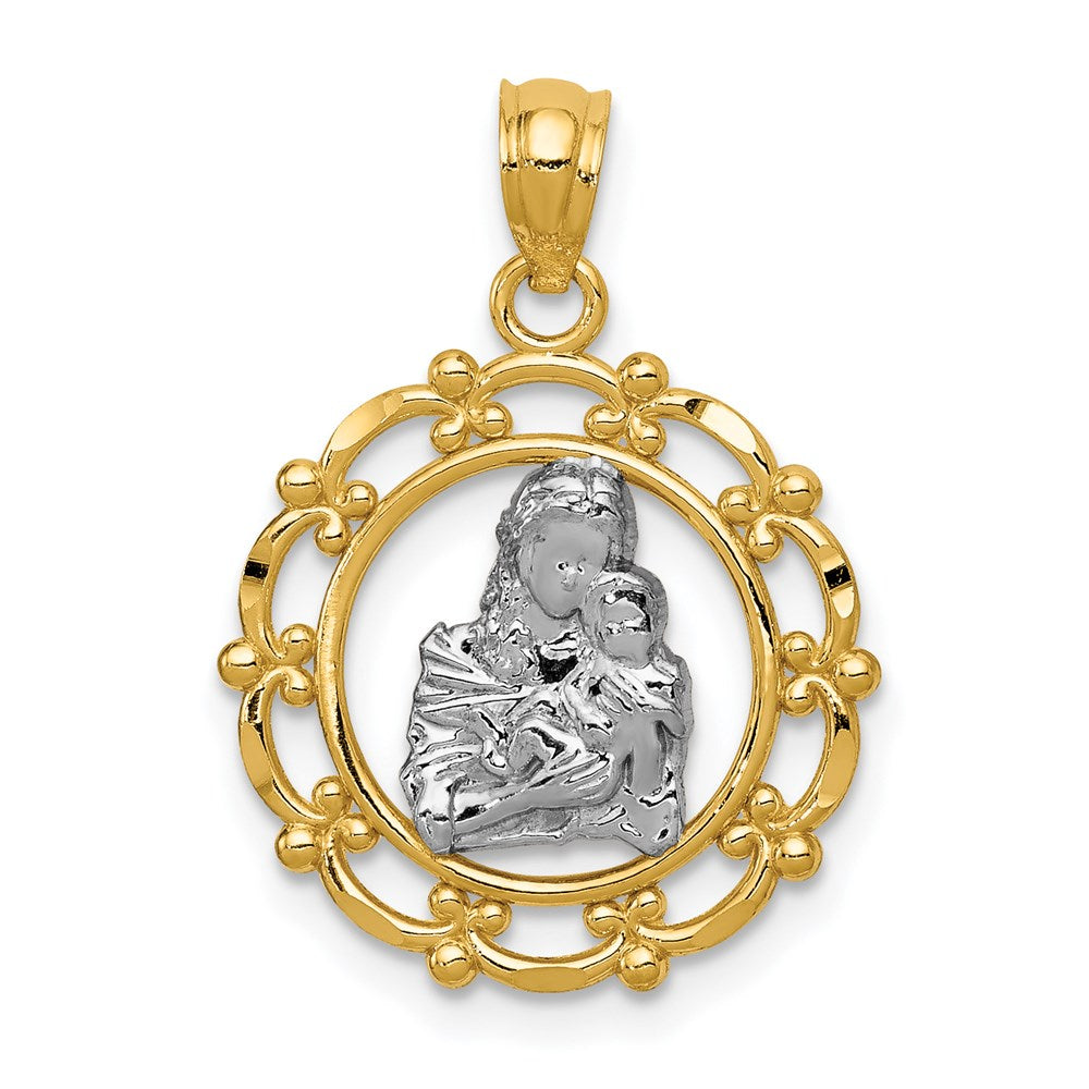 14K Gelb & Rhodium mit Rhodium Mutter Holding Baby Anhänger