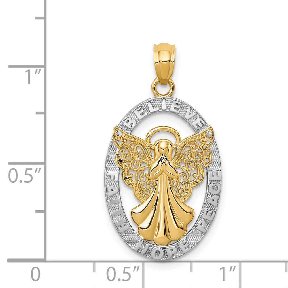 14K Gelbgold mit Rhodium BELIEVE PEACE FAITH HOPE Engel-Anhänger