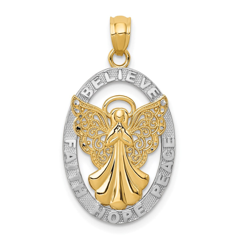 14K Gelbgold mit Rhodium BELIEVE PEACE FAITH HOPE Engel-Anhänger
