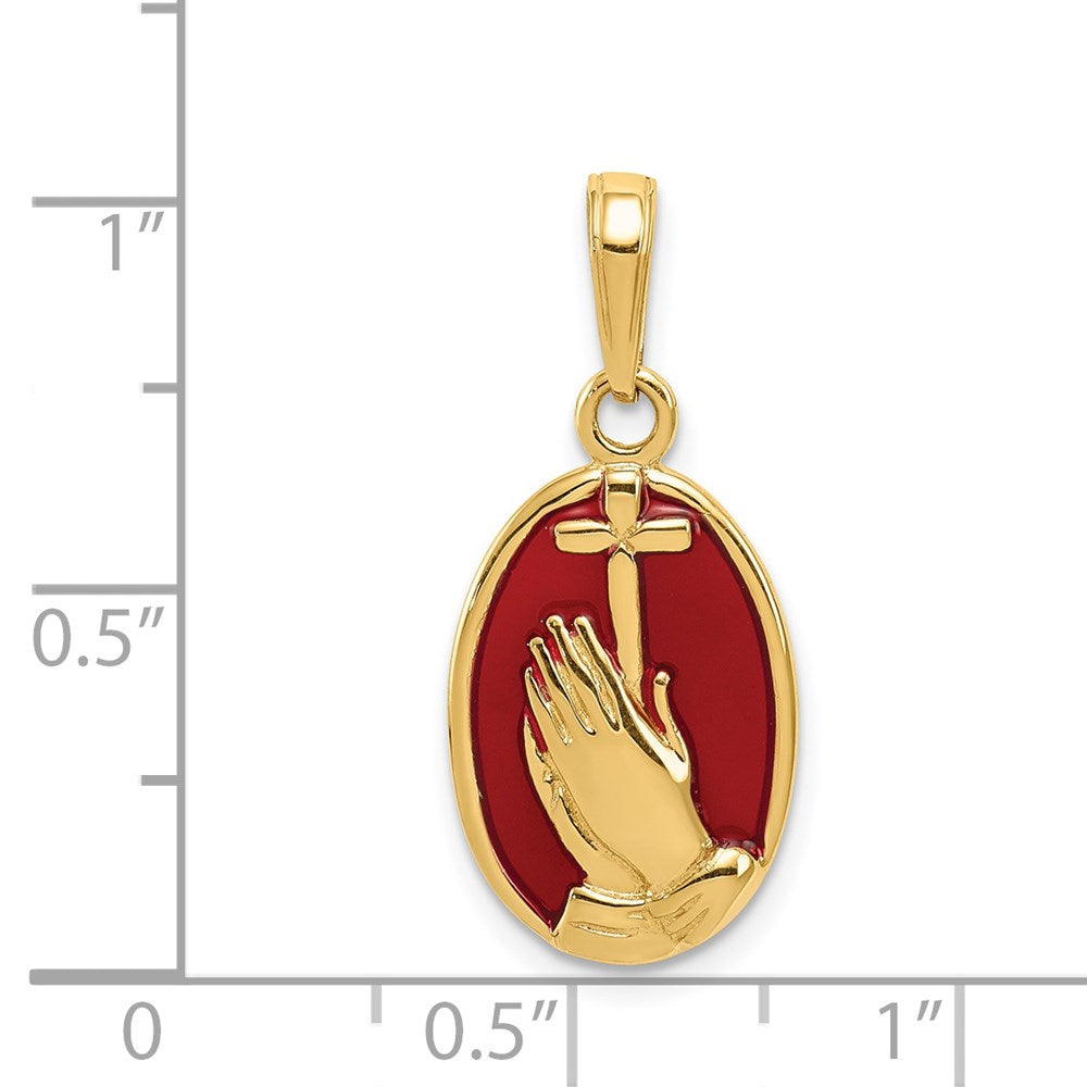 14K Gelbgold Anhänger mit betenden Händen und Kreuz mit roter Emaille